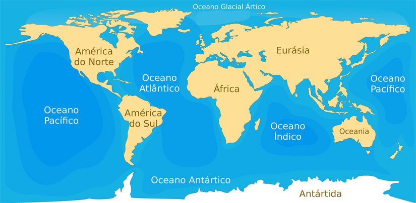 Planeta Terra: os cinco oceanos são o Pacífico, o Atlântico, o Índico, o Antártico e o Ártico