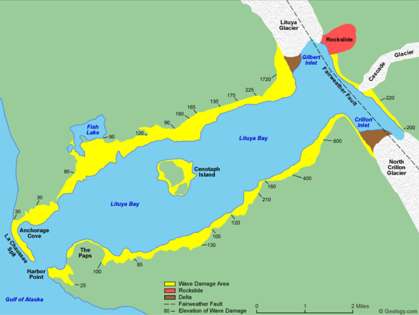 Mapa da Baía de Lituya: o mega-tsunami começou perto da enseada de Gilbert | Ilustração: Geology.com